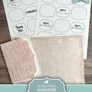 May include: Printable scalloped card and envelope template with a vintage design. The template includes various card designs with text such as "Happy Birthday", "Happy Anniversary", "Happy Mother's Day", "Congrats", and "Thank You!"