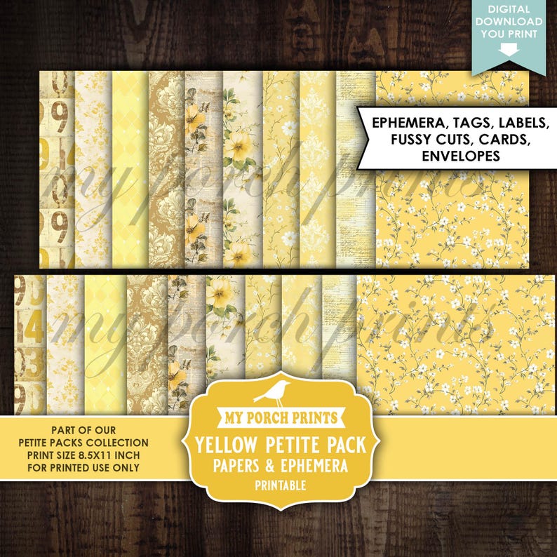 Yellow Petite Pack Junk Journal Ephemera and Papers Kit, Numbers Bee ...