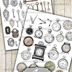 Puede incluir: Una hoja imprimible de im&aacute;genes de estilo vintage con llaves, cerraduras y relojes. Las im&aacute;genes son en blanco y negro y tienen un aspecto desgastado. La hoja se titula "Found Objects Fussy Cuts" y es de My Porch Prints.