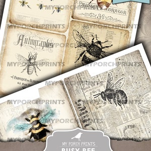May include: Printable journal kit featuring vintage illustrations of bees and text. The kit includes a title page with the text "My Porch Prints Busy Bee Journal Kit Printable".