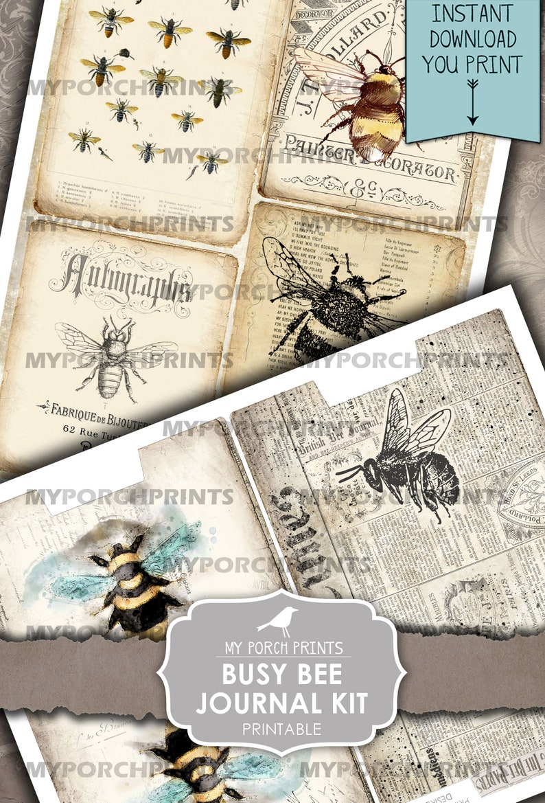 May include: Printable journal kit featuring vintage illustrations of bees and text. The kit includes a title page with the text "My Porch Prints Busy Bee Journal Kit Printable".