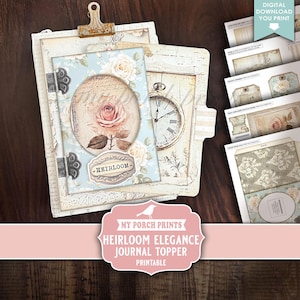 Könnte beinhalten: Sammlung druckbarer Journal-Topper und Ephemera mit Vintage-Ästhetik. Die Designs zeigen Rosen, Uhren und gealterte Papiertapeten. Der Journal-Topper hat einen ovalen Rahmen mit einer Rose und dem Wort "Heirloom".