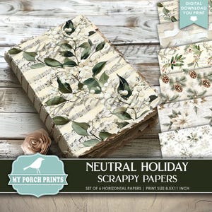 Neutral Holiday Scrappy Papers, Junk Journal, Pages, Christmas, Winter, Backing, Ivory, Craft, My Porch Prints, Printable, Digital Download