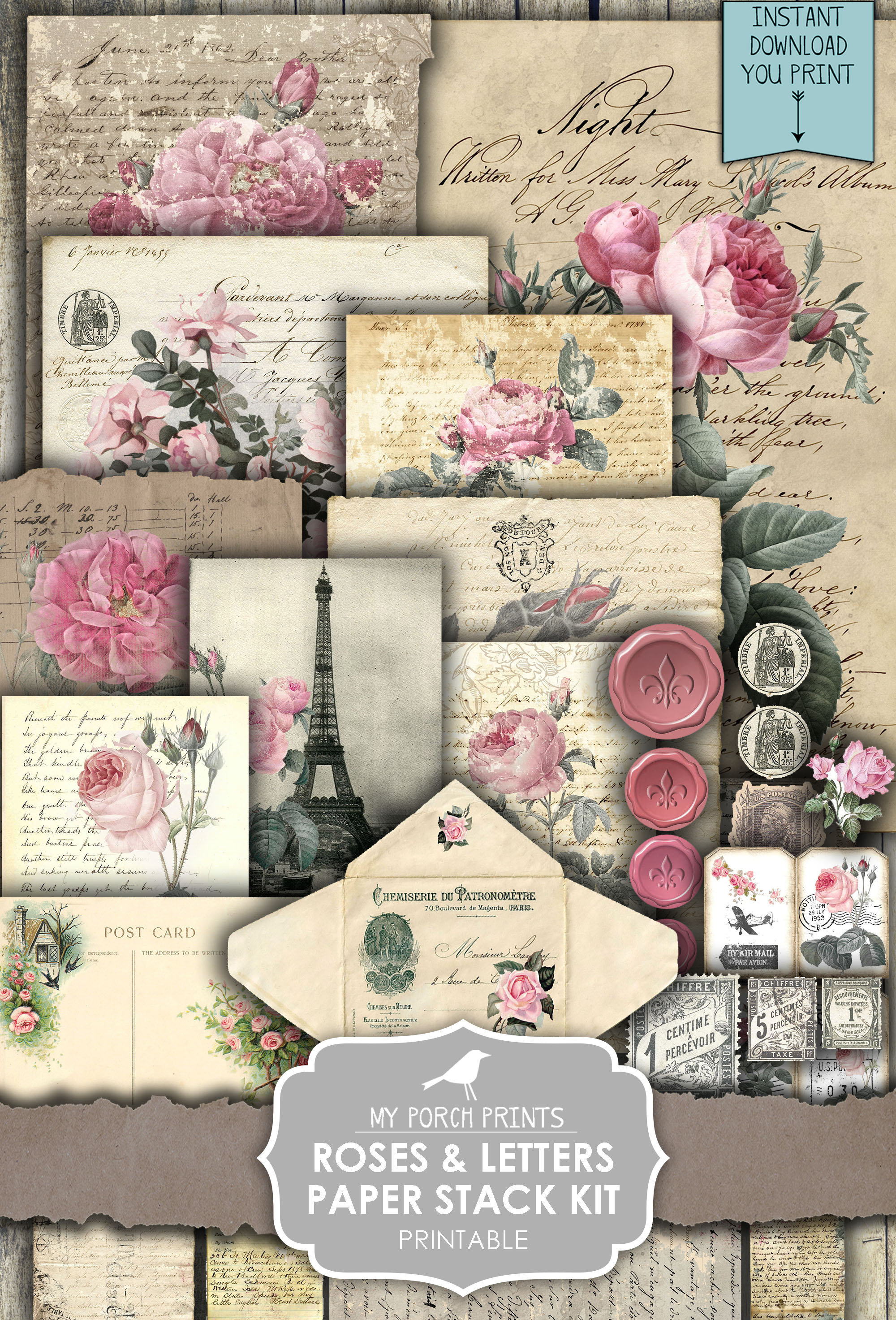 Junk Journal, Roses & Letters, Paper Stack, Envelope, Kit, Postcards, Printable Paper, Digital Kit, Ephemera, My Porch Prints, Download