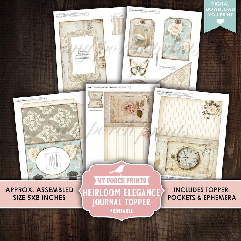 May include: A printable journal topper set with a vintage aesthetic. Includes a frame, tags, pockets, and ephemera. The assembled size is approximately 12.7x20.3 cm. Features floral and vintage elements with the text "Heirloom Elegance Journal Topper".