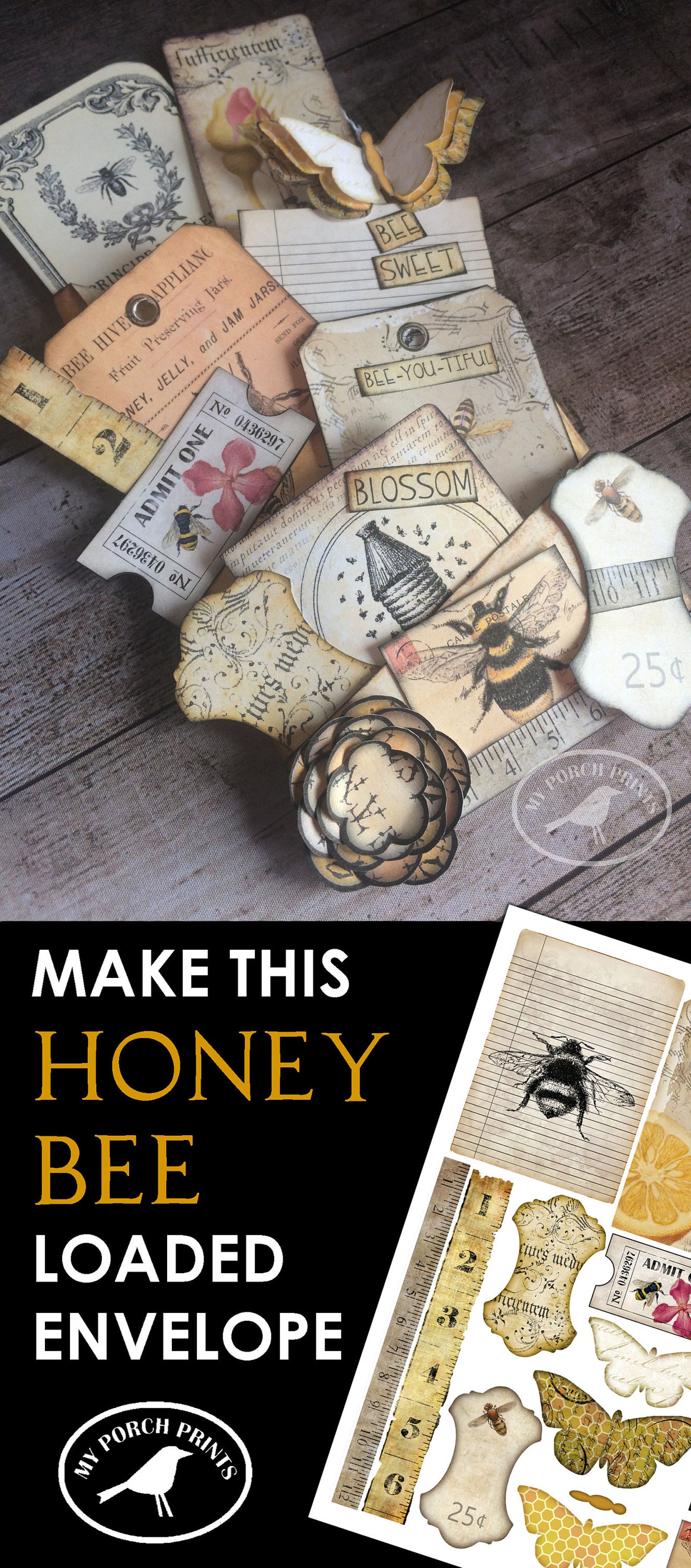 Honey Bee Loaded Envelope, Junk Journal Kit Ephemera Yellow Honey ...