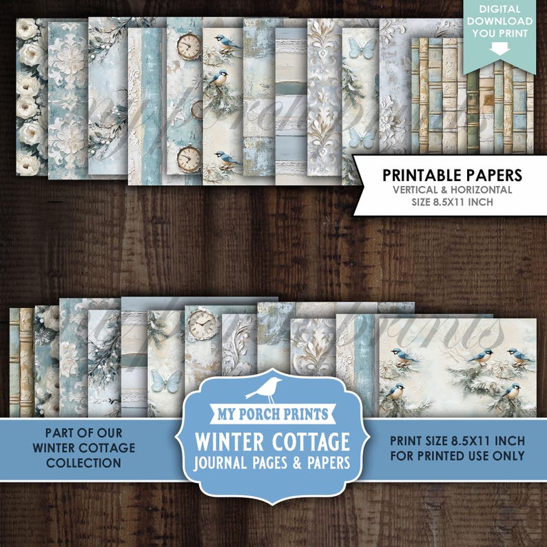 Winter Cottage Junk Journal PAGES & PAPERS, Vintage, Snow, Blue, White ...