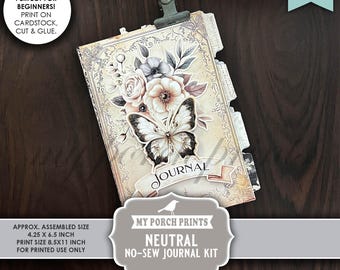 Neutral No-Sew Junk Journal Kit, Gift Idea Beginner Easy Vintage No Sewing Book Man Masculine My Porch Prints Printable Digital Download