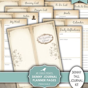 Skinny Planner Pages, Junk Journal, Tall, Kit, Neutral, Calendar, Bullet Journal, Monthly, My Porch Prints, Printable, Digital Download