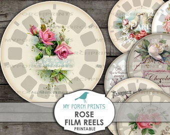Könnte beinhalten: Druckbare Filmrollen-Etiketten im Vintage-Stil mit Rosen und französischem Text. Die Etiketten sind beige mit einem hellbraunen Rand und für eine Standard-Filmrolle ausgelegt.