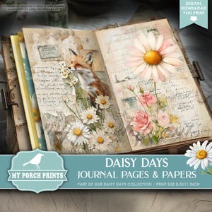 Daisy Days Junk Journal PAGES & PAPERS, Flowers Cottage Blue Kit Animals Mixed Media Farm Country My Porch Prints Printable Digital Download