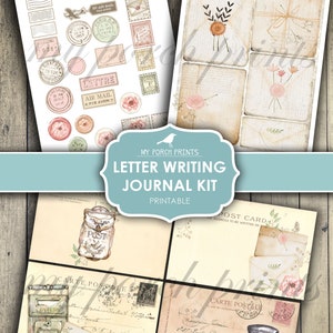 Pu&ograve; includere: Kit di diario stampabile con illustrazioni in stile vintage di buste, francobolli e cassette postali. Il kit include il titolo "Letter Writing Journal Kit" e le parole "My Porch Prints" e "Printable".