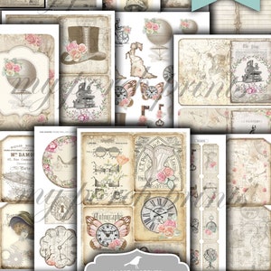 May include: A digital printable journal kit with 13 pages of ephemera featuring a shabby steampunk theme. The kit includes images of clocks, gears, butterflies, hot air balloons, and other vintage elements.