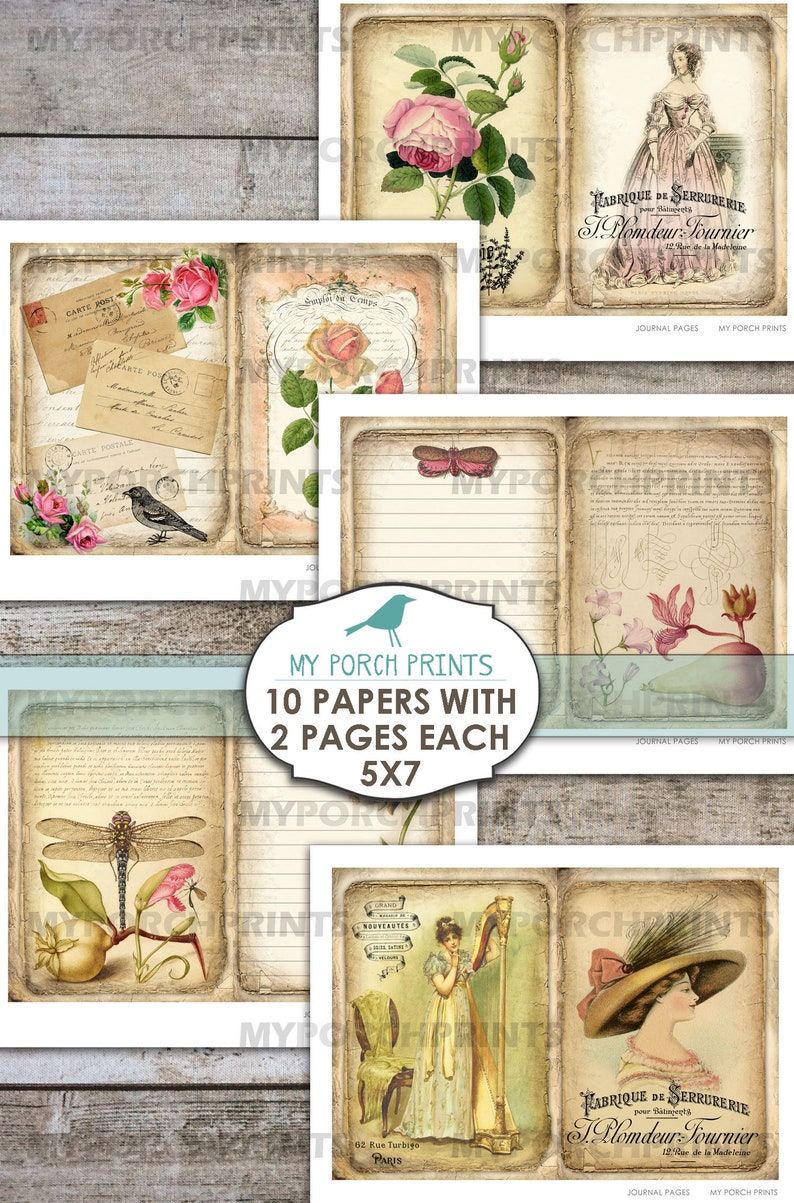 May include: A set of 10 printable journal pages, each with two pages, measuring 5x7 inches. The pages feature vintage illustrations of flowers, butterflies, and a woman playing a harp. The text on the pages reads "Fabrique de Serrurerie pour Distincts T. Homdeur Tournier 12 Rue de la Madeleine Journal Pages My Porch Prints".