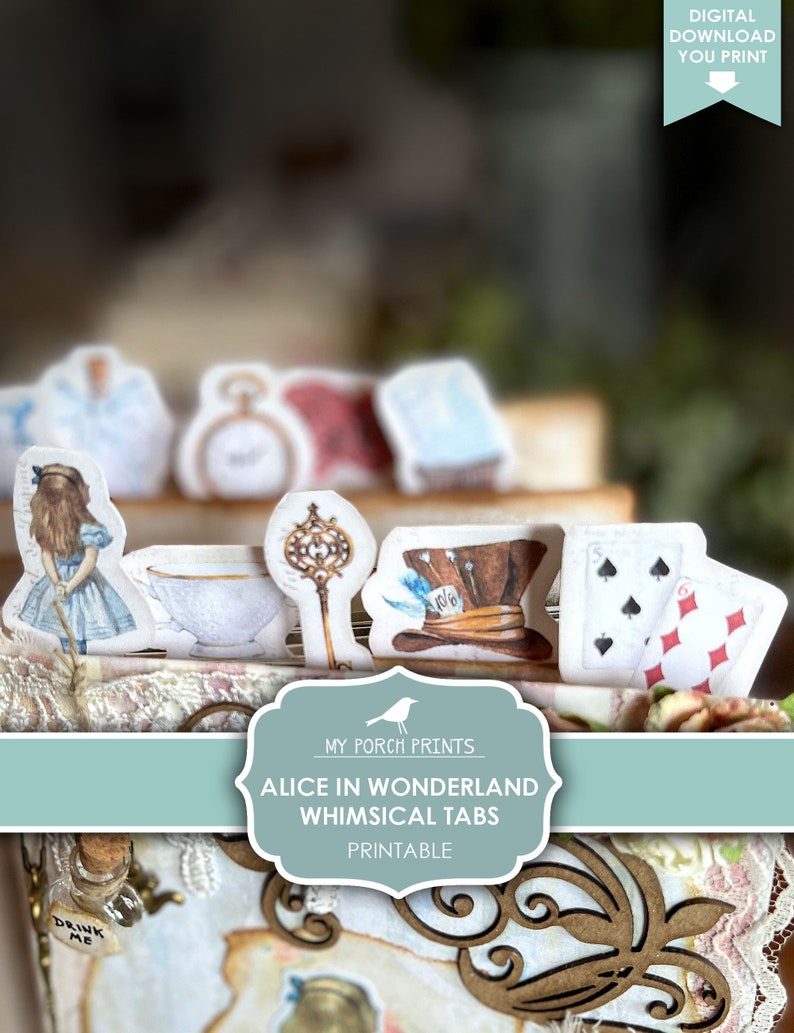 K&ouml;nnte beinhalten: Druckbare, verspielte Registerkarten zum Thema Alice im Wunderland mit Bildern von Alice, einer Teetasse, einem Schl&uuml;ssel, dem Hut des Hutmachers und Spielkarten. Die Registerkarten sind f&uuml;r die Verwendung in einem Tagebuch oder Planer gedacht.