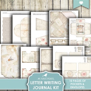Pu&ograve; includere: Kit di diario di scrittura di lettere stampabile con 10 pagine di tasche e buste. Il kit presenta un'estetica vintage con motivi floreali, bordi in pizzo e testo scritto a mano.
