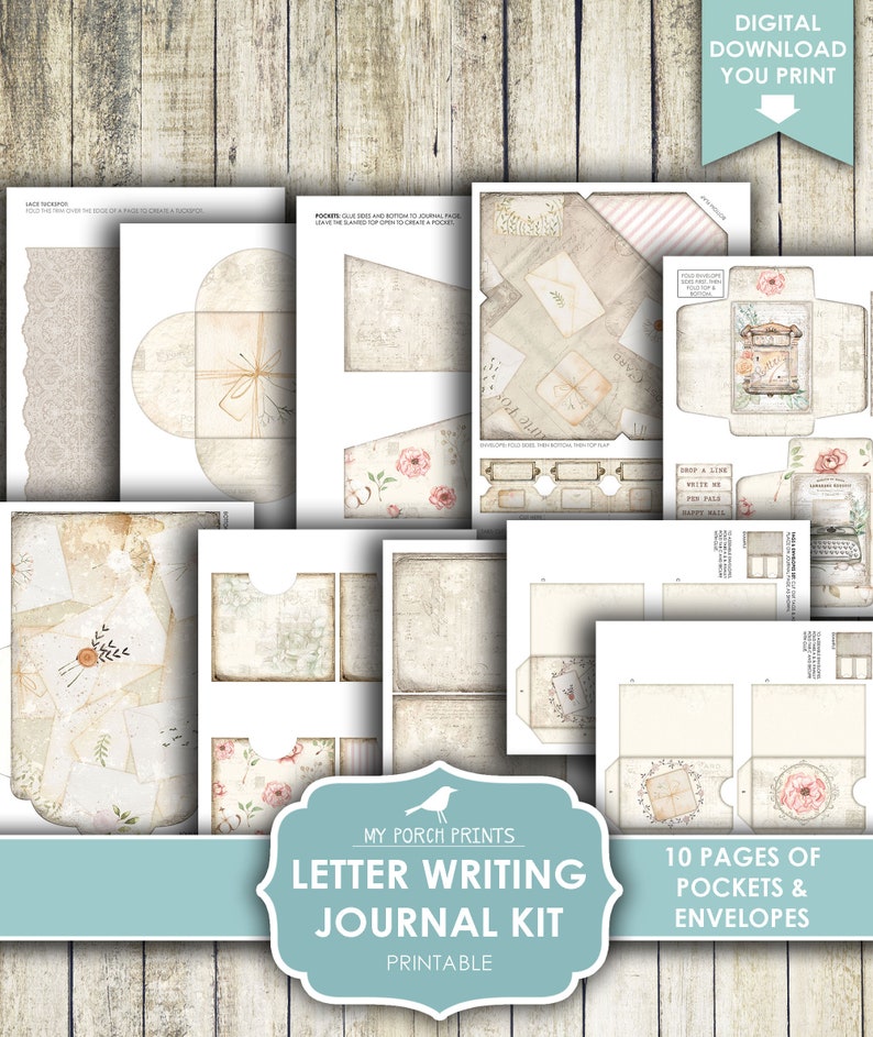 Pu&ograve; includere: Kit di diario di scrittura di lettere stampabile con 10 pagine di tasche e buste. Il kit presenta un'estetica vintage con motivi floreali, bordi in pizzo e testo scritto a mano.