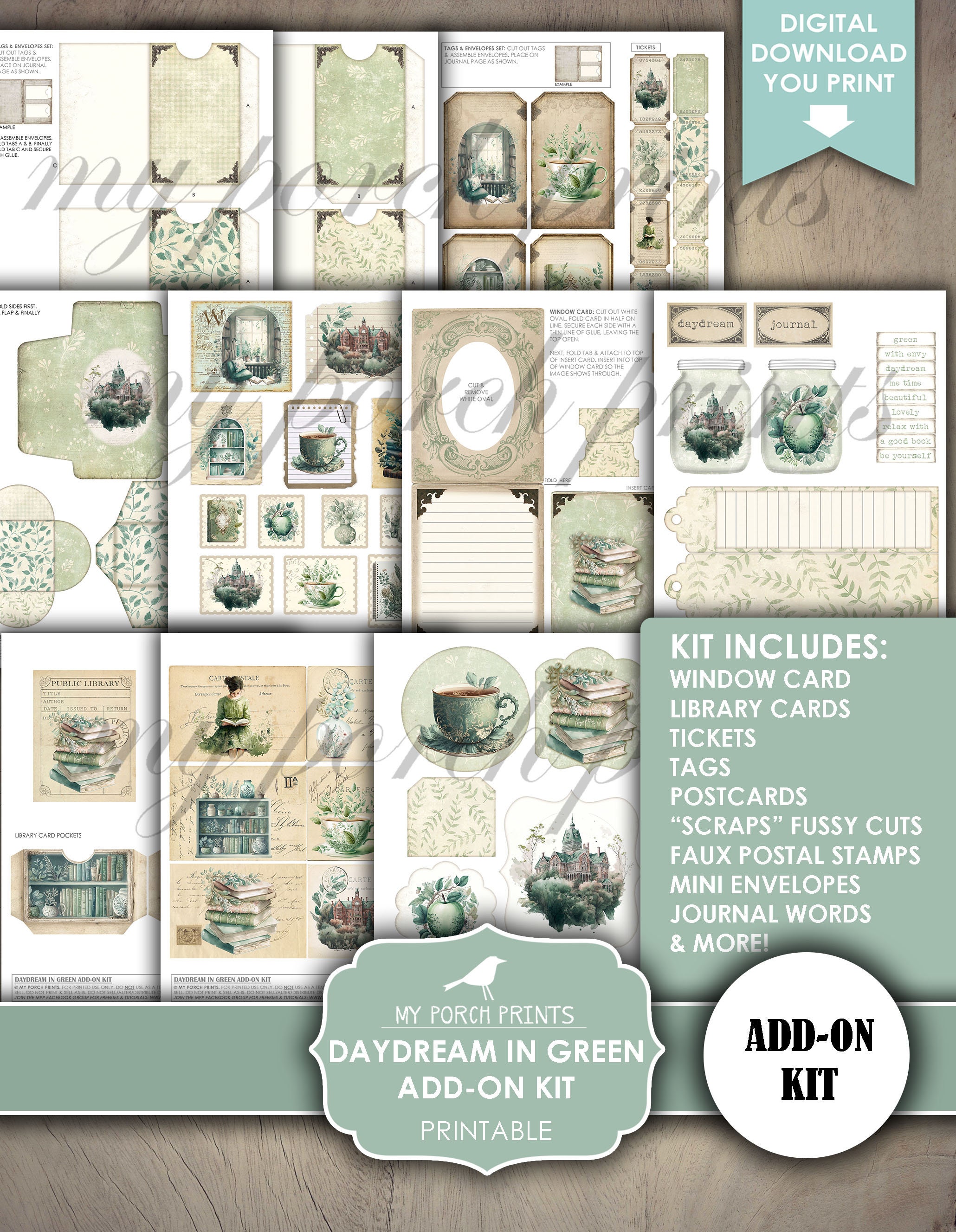 Junk Journal, Daydream in Green, Add on Kit, Library, Books, Home ...