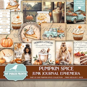 Pumpkin Spice EPHEMERA, Kit, Junk Journal, Fall, Autumn, Cards, Tags, Pockets, Coffee Shop, My Porch Prints, Printable, Digital Download