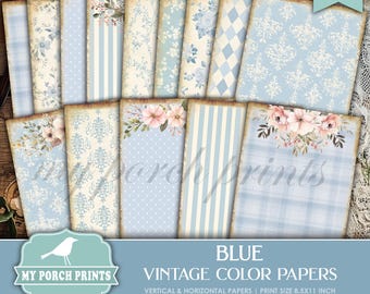 May include: A set of 12 printable digital papers in shades of blue with various patterns, including polka dots, stripes, and floral designs. The papers are 8.5 x 11 inches and can be used for scrapbooking, card making, and other craft projects.