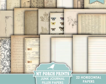 Junk Journal Filler Papers HORIZONTAL, Vintage Neutral Extra Pages, Nature, Lined, Coffee Dyed, My Porch Prints, Printable, Digital Download