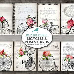 Bicycles and Roses notitiekaart, plakboek, Valentijn, junk journal kit, handschrift, antieke fiets, efemere, tag, papier, afdrukbaar, vintage