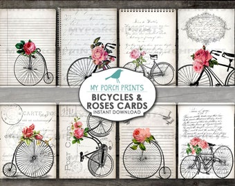 Tarjeta de notas de bicicletas y rosas, álbum de recortes, San Valentín, kit de diario basura, escritura a mano, bicicleta antigua, efímera, etiqueta, papel, imprimible, vintage