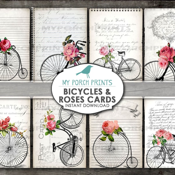 Bicycles and Roses Note Card, Scrapbook, Valentine, junk journal kit, handwriting, antique bike, ephemera, tag, paper, printable, vintage