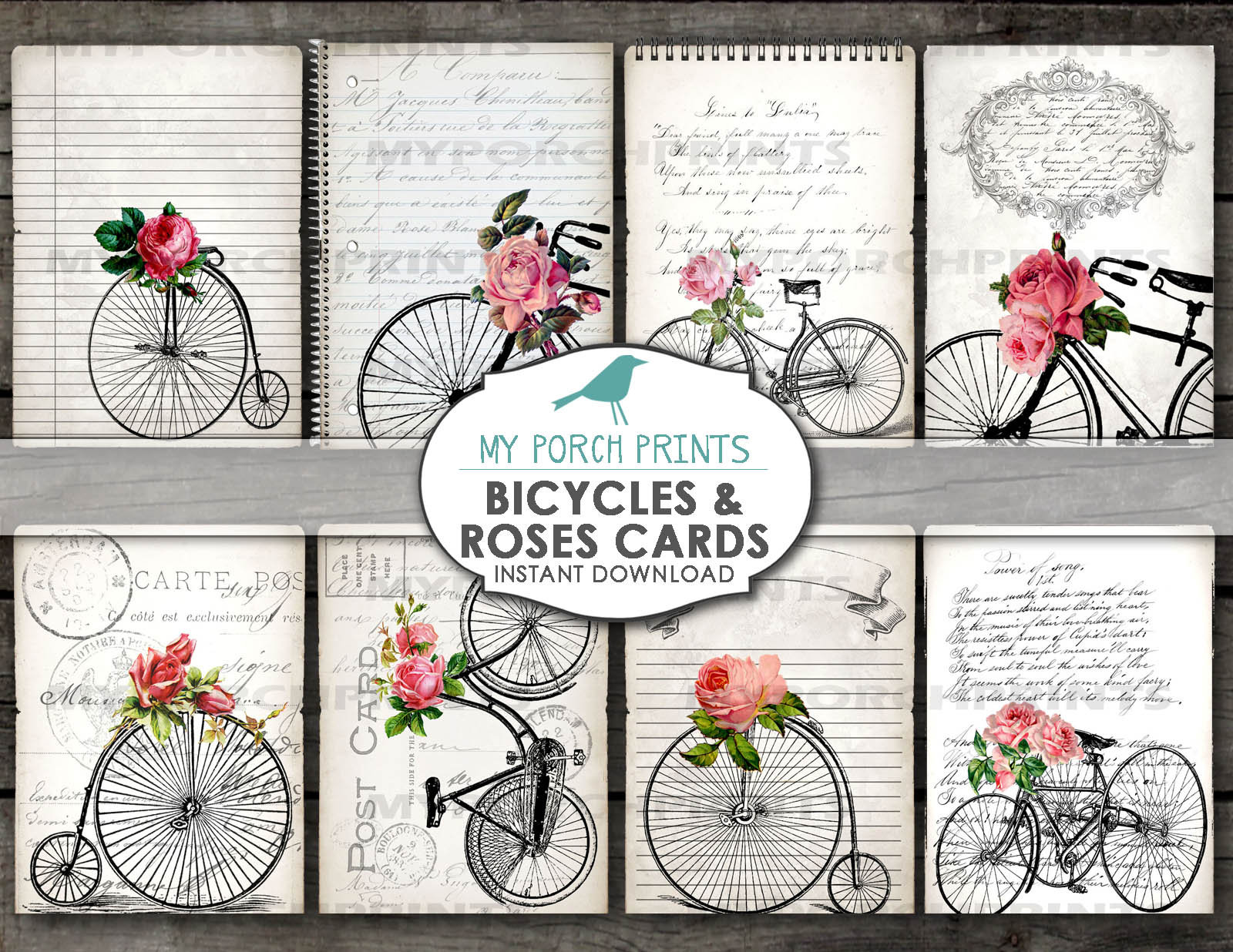 Bicycles and Roses Note Card Scrapbook Valentine Junk - Etsy India