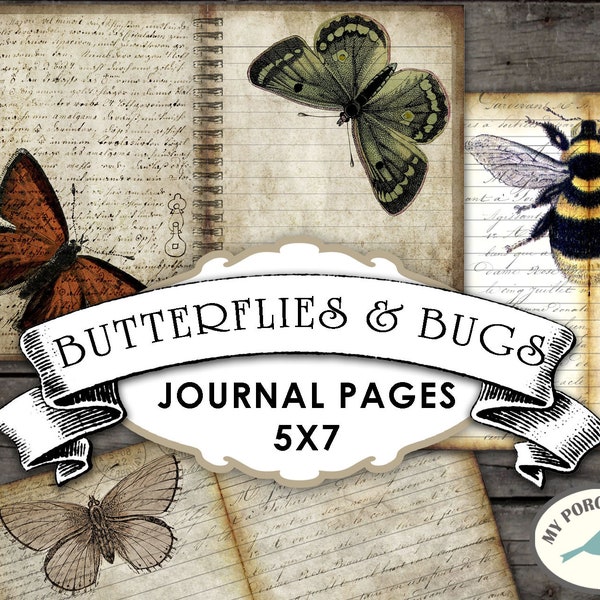 Butterflies & Bugs, Journal Pages, Book, Vintage, 5x7, Junk Journal, Bee, Grunge, Ephemera, Collage Sheet, Digital Download, Printable Paper