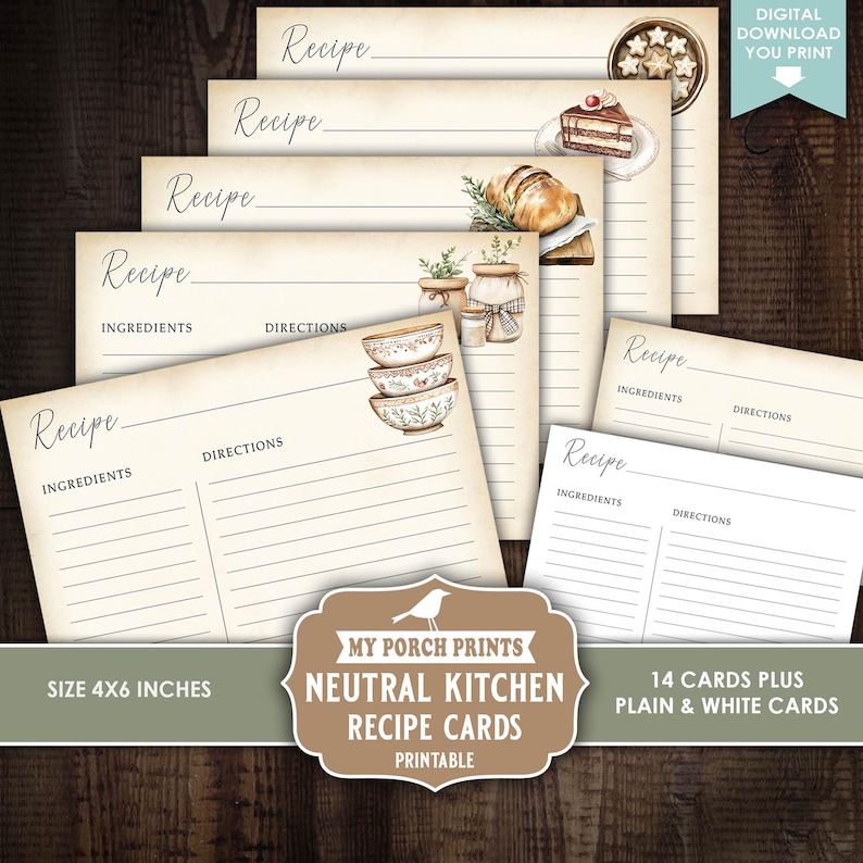 May include: A collection of neutral kitchen recipe cards, size 4x6 inches, with illustrations of baked goods and kitchenware. The cards include spaces for ingredients and directions. The image also includes the text "MY PORCH PRINTS NEUTRAL KITCHEN RECIPE CARDS PRINTABLE".