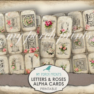 Letras e rosas, alfa, cartão, diário indesejado, carta de bolso, coisas efêmeras para impressão, alfabeto, ABC, vintage, álbum de recortes, folha de colagem, download