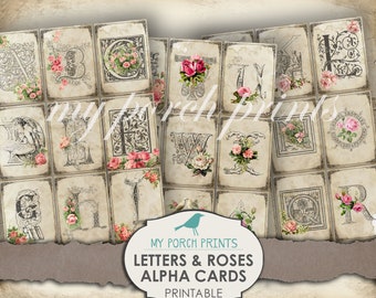 Letters & Roses, Alpha, Card, Junk Journal, Pocket Letter, Printable Ephemera, Alphabet, ABC, Vintage, Scrapbook, Collage Sheet, Download