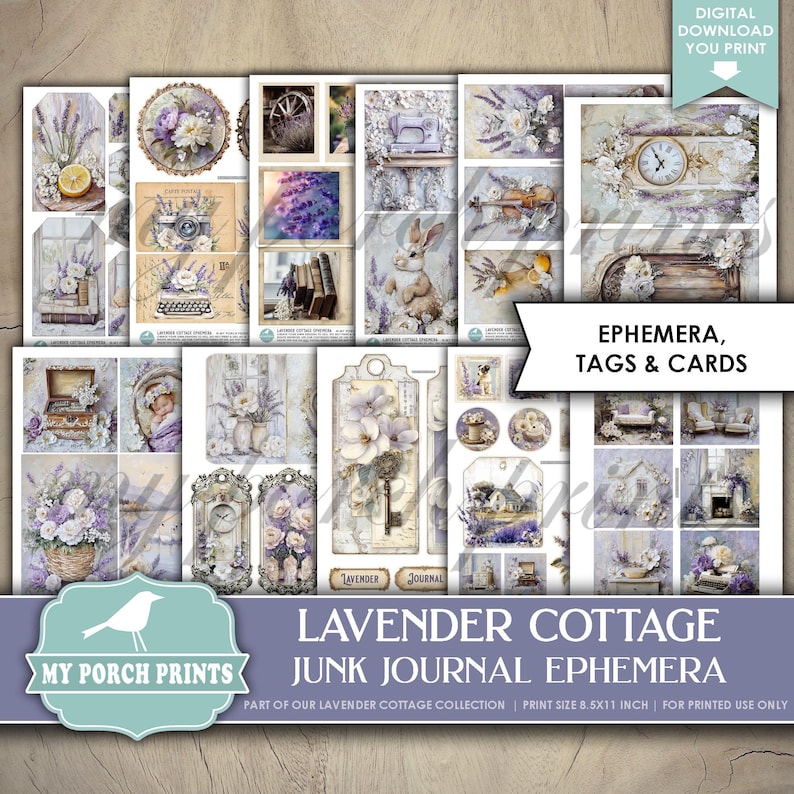 Lavender Cottage EPHEMERA, Junk Journal, Kit, Vintage, Purple, Ivory ...