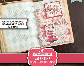 Valentine Pocket Cascade Cards, Junk Journal, Ephemera, Card, Movement, Waterfall, Heart, Red, My Porch Prints Digital Download Printable