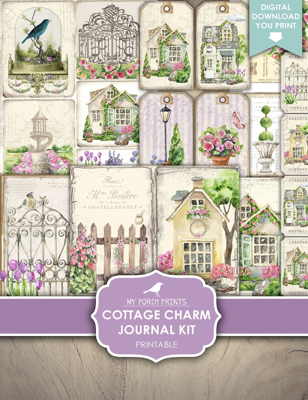 Junk Journal, Kit, Cottage, Charm, Garden, Purple, Flowers, Village ...