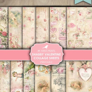 Junk Journal, Shabby, Valentine, Collage Sheets, Papers, Valentines Day, Women, Vintage, Pink, My Porch Prints, Printable, Digital Download