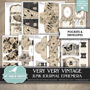 Pu&ograve; includere: Una collezione di efemeridi vintage stampabili per junk journal, con tasche, buste ed elementi decorativi. I disegni includono motivi floreali, uccelli, farfalle e testo scritto, il tutto in una combinazione di colori seppia e nero. Il testo recita "Very Very Vintage".