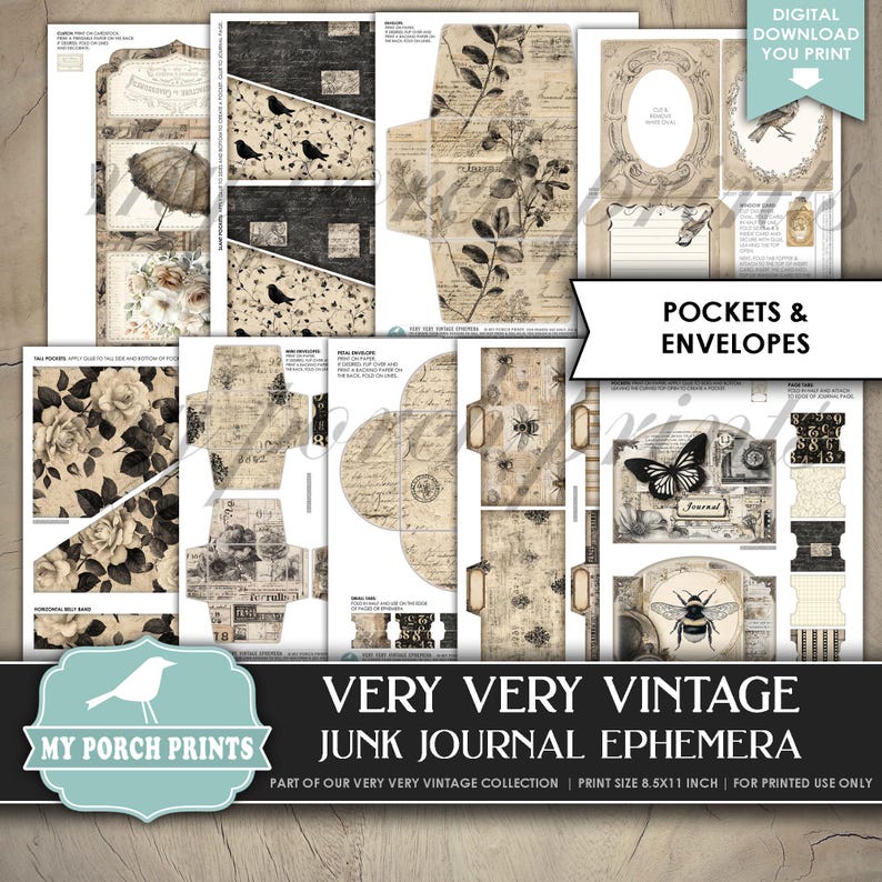 Pu&ograve; includere: Una collezione di efemeridi vintage stampabili per junk journal, con tasche, buste ed elementi decorativi. I disegni includono motivi floreali, uccelli, farfalle e testo scritto, il tutto in una combinazione di colori seppia e nero. Il testo recita "Very Very Vintage".