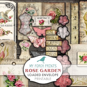 Rose Garden Loaded Envelope, junkjournaalkit, Scrap Pack, afdrukbare ephemera, afdrukbaar tagpapier, ansichtkaart, collagevel, naaien, vintage