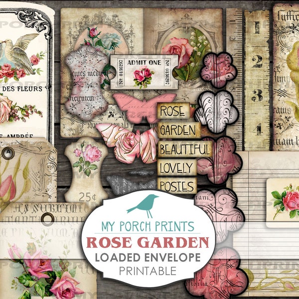 Rose Garden Loaded Envelope, junk journal kit, Scrap Pack, printable ephemera, tag paper printable, postcard, collage sheet, sewing, vintage