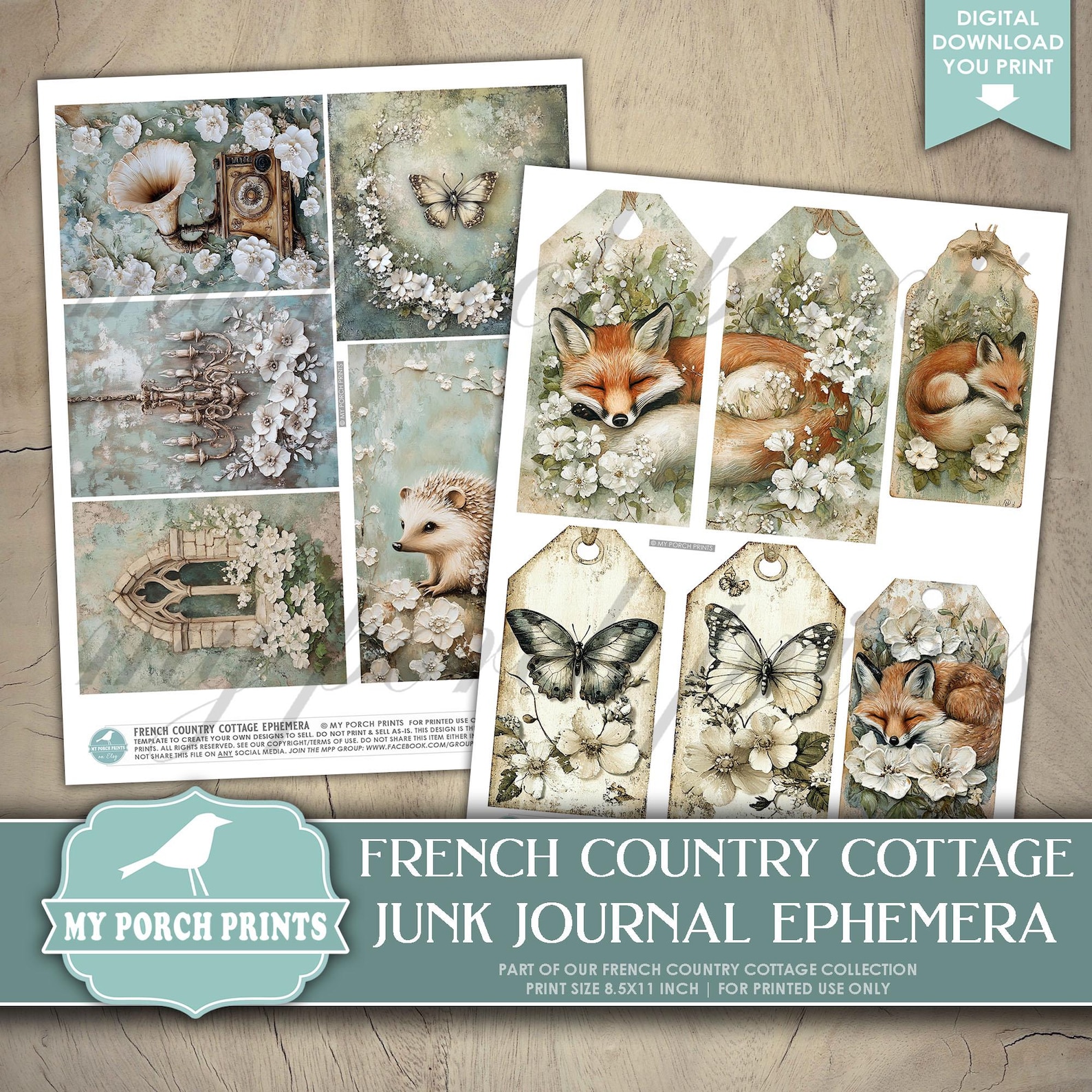 French Country Cottage EPHEMERA, Junk Journal, Kit, Vintage, Blue ...
