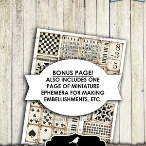 May include: Printable black and white ephemera featuring a variety of vintage-style images, including bingo cards, a crossword puzzle, playing cards, a piano keyboard, and a checkerboard. The text "My Porch Prints Black & White Ephemera Printable" is also included.
