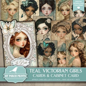 TEAL Victorian Girls Cards and Cabinet Card, Junk Journal, Big Eyes, Blue, Pretty, Watercolor, My Porch Prints, Printable, Digital Download
