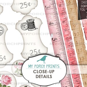 Pode incluir: Uma colagem digital de imagens de estilo vintage, incluindo etiquetas de pre&ccedil;o, um carretel de linha, um r&oacute;tulo para roupas prontas e um close-up de rosas cor-de-rosa. A colagem tamb&eacute;m inclui v&aacute;rias tiras rasgadas de fita m&eacute;trica rosa e marrom com n&uacute;meros impressos nelas. O texto "MY PORCH PRINTS CLOSE-UP DETAILS" est&aacute; impresso em uma faixa branca na parte inferior da colagem.
