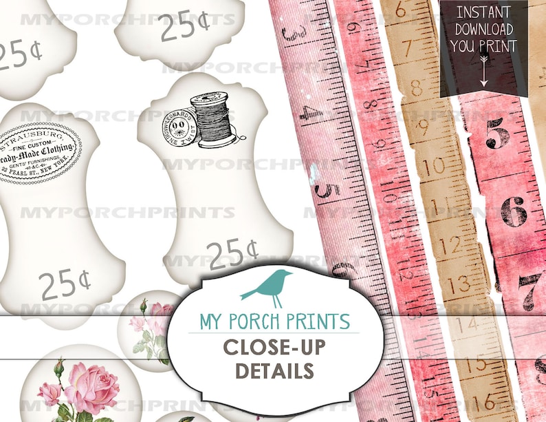 Pode incluir: Uma colagem digital de imagens de estilo vintage, incluindo etiquetas de pre&ccedil;o, um carretel de linha, um r&oacute;tulo para roupas prontas e um close-up de rosas cor-de-rosa. A colagem tamb&eacute;m inclui v&aacute;rias tiras rasgadas de fita m&eacute;trica rosa e marrom com n&uacute;meros impressos nelas. O texto "MY PORCH PRINTS CLOSE-UP DETAILS" est&aacute; impresso em uma faixa branca na parte inferior da colagem.