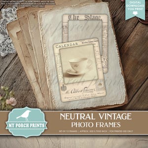 Neutral Vintage Photo Frames, Junk Journal, Photograph, Scrapbooking, Travel, Frame, Kit, Craft, My Porch Prints Printable Digital Download