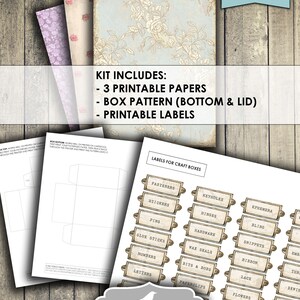 Puede incluir: Kit de cajas de manualidades imprimibles con una est&eacute;tica vintage. El kit incluye tres papeles imprimibles, un patr&oacute;n de caja para la parte inferior y la tapa, y etiquetas para cajas de manualidades. Las etiquetas presentan una variedad de categor&iacute;as, como sujetadores, pegatinas, alfileres, barras de pegamento, n&uacute;meros, letras, mirillas, bisagras, herrajes, sellos de cera, chucher&iacute;as, clips, ef&iacute;meras, brillo, recortes, bordados, cinta, encaje, flores, cinta adhesiva, ojales y ojales.