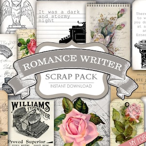 Romantiek schrijver, plakboekkit, auteur, junkjournaal, roos, script, handschrift, efemere, schrijfster, ganzenveer, papier, afdrukbare dagboekkit