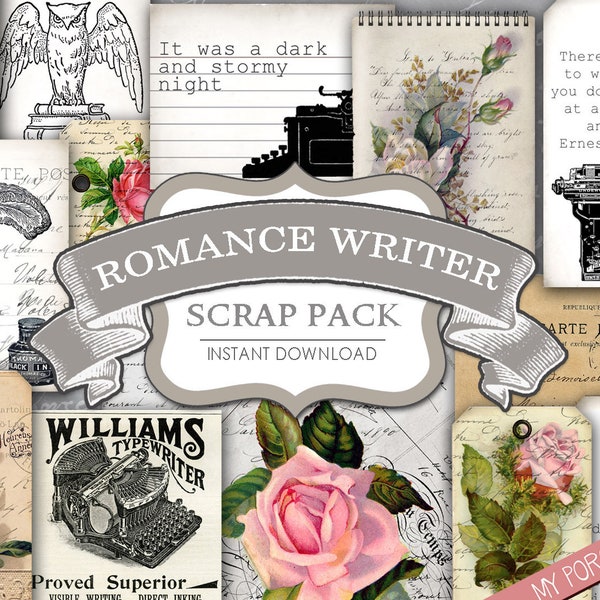 Romance Writer, Scrapbook Kit, author, junk journal, Rose, script, handwriting, ephemera, lady writer, quill, paper, printable journal kit